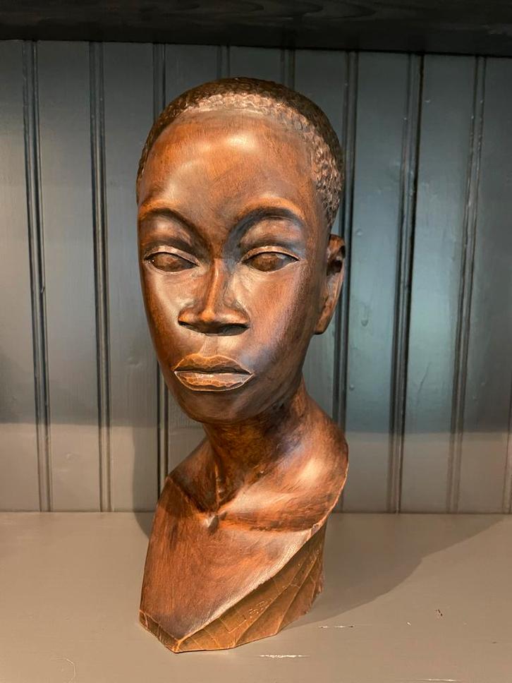 Houten Afrikaans Beeld buste man, Antiek en Kunst, Kunst | Beelden en Houtsnijwerken, Ophalen of Verzenden