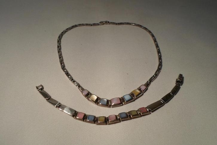 Ketting Armband Zilver Parelmoer, Sieraden, Tassen en Uiterlijk, Antieke sieraden, Ketting, Zilver, Ophalen of Verzenden