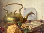 E Moleveld, stilleven met koperen ketel, roos en kersen, Ophalen