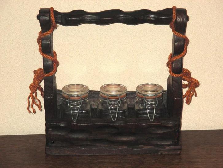 3 retro glazen wekpotjes in vintage antiek-style houder ZGAN, Antiek en Kunst, Curiosa en Brocante, Verzenden