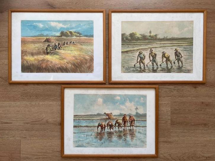 Indonesische schilderijen 3x Indische aquarellen gesigneerd, Antiek en Kunst, Kunst | Schilderijen | Klassiek, Ophalen of Verzenden