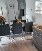 Licht eiken eettafel 200x100 met RVS poten en 6 stoelen, Ophalen of Verzenden, Gebruikt, Strak, 6 tot 8 stoelen