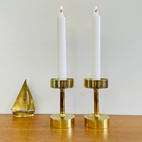 2 Mid Century Modern design KANDELAREN messing Scandinavisch, Huis en Inrichting, Woonaccessoires | Kandelaars en Kaarsen, Gebruikt