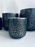 Set 6 HS Potterie Keramiek Bloempotten Binnen Zwart/Zilver, Rond, Zo goed als nieuw, Aardewerk, Tuin