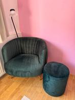 Donkergroene velvet fauteuil met poef, Huis en Inrichting, Fauteuils, Ophalen, Zo goed als nieuw, Stof