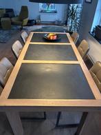 EIKENHOUTEN EETTAFEL MET 6 LEREN STOELEN, Ophalen, Gebruikt, 200 cm of meer, 50 tot 100 cm