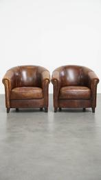 Charmante en unieke set van 2 schapenleren clubfauteuils, Huis en Inrichting, Fauteuils, Ophalen, Gebruikt, ., Klassiek