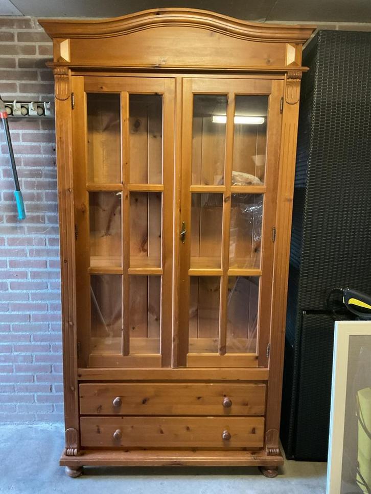 Grenen vitrine kast met 2 lade’s overkompleet, Huis en Inrichting, Kasten | Vitrinekasten, Gebruikt, 200 cm of meer, 50 tot 100 cm