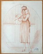 A493-82 Oude tekening Vrouw in bontjas en muts bij deur, Antiek en Kunst, Ophalen of Verzenden