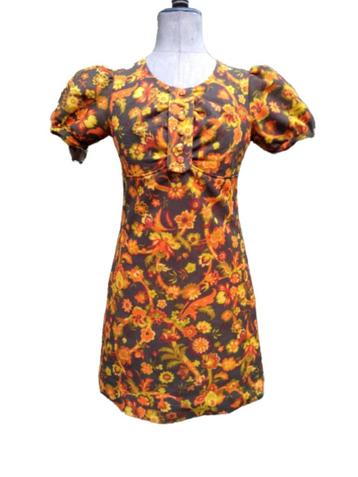 Vintage jurkje met pofmouwtjes oranje bruin geel bloem Mt S beschikbaar voor biedingen