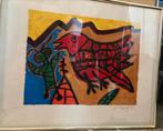 Zeefdruk Corneille litho ondertekend duif met insect 35x27cm, Ophalen of Verzenden