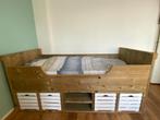 Steigerhouten bed met opbergruimte, Ophalen, Gebruikt, 90 cm, Eenpersoons