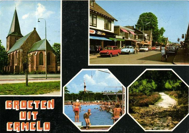 Groeten uit Ermelo - 4 afb o.a. zwembad Daf - 1977 gelopen, Verzamelen, Ansichtkaarten | Nederland, Ongelopen, Gelderland, Voor 1920