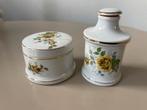 Porseleinen lotion flesje en watten potje gele roos, Antiek en Kunst, Curiosa en Brocante, Ophalen of Verzenden