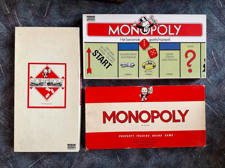 3 vintage Monopolyspelen in guldens, Eng ponden en Fr francs, Hobby en Vrije tijd, Gezelschapsspellen | Bordspellen, Gebruikt
