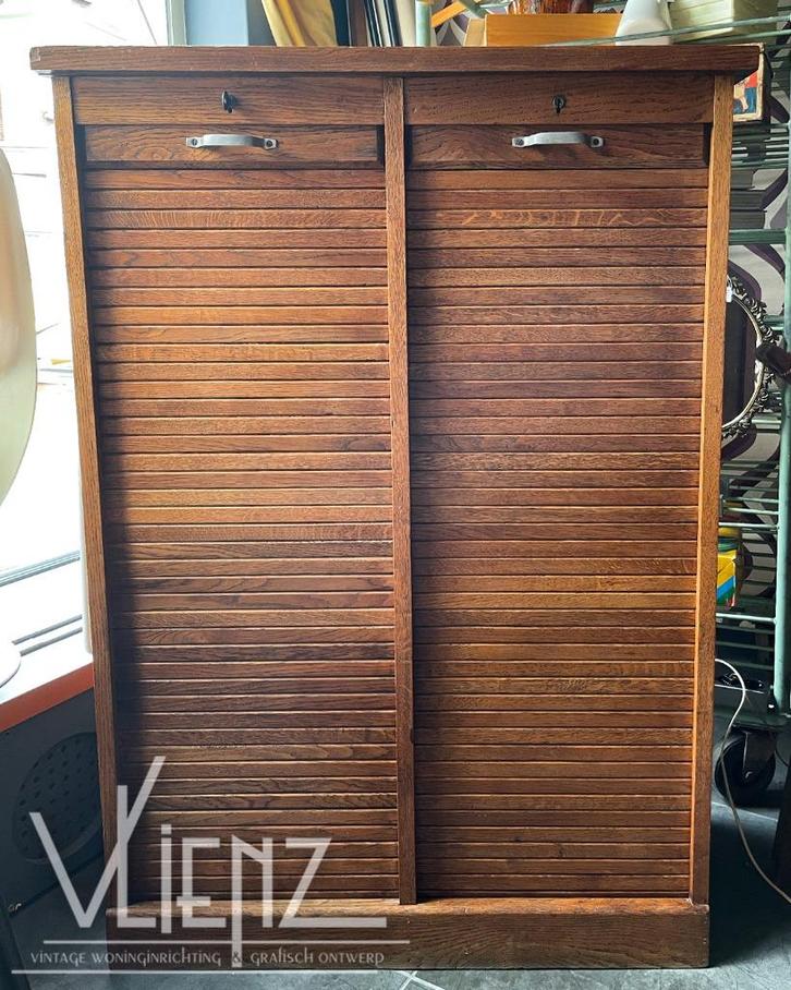 Vintage, antieke dubbele roldeurkast, archiefkast hout, Huis en Inrichting, Kasten | Roldeurkasten en Archiefkasten, Gebruikt