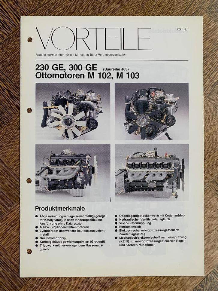Product info Mercedes-Benz G-klasse benzine motoren 1990, Boeken, Auto's | Folders en Tijdschriften, Zo goed als nieuw, Mercedes