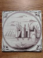 antieke mangaan tegel met landschapsmotief / ossekophoeken, Antiek en Kunst, Ophalen