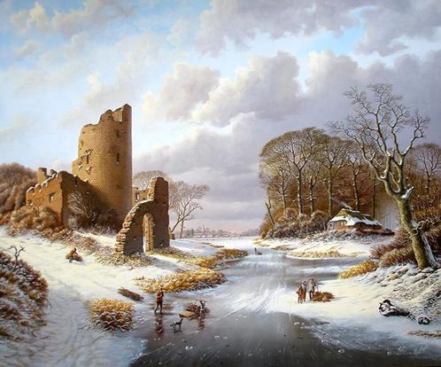 Romantische zomer- en winterlandschappen, Antiek en Kunst, Kunst | Schilderijen | Klassiek, Ophalen of Verzenden