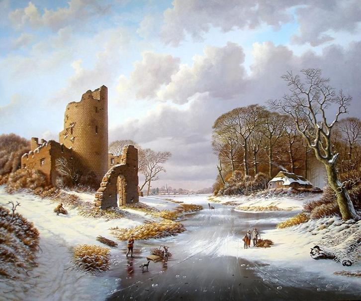 Romantische zomer- en winterlandschappen, Antiek en Kunst, Kunst | Schilderijen | Klassiek, Ophalen of Verzenden