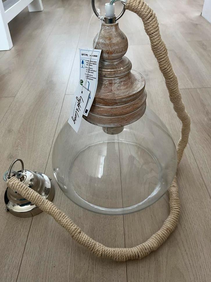 NIEUW! hanglamp glas met touw, hout & chroom / Light&Living, Huis en Inrichting, Lampen | Hanglampen, Nieuw, 75 cm of meer, Glas