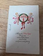 Antieke kerstkaart - Engeltjes met kerstkrans - 1 januari, Verzenden, Voor 1920, Gelopen, Feest(dag)