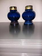 Blauw glazen pot met kaars, Huis en Inrichting, Woonaccessoires | Kandelaars en Kaarsen, Ophalen, Overige materialen, Gebruikt