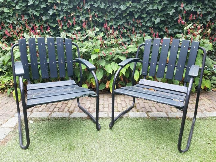 GRATIS 2 vintage tuinstoelen met kussens, Tuin en Terras, Tuinstoelen, Gebruikt, Hout, Ophalen