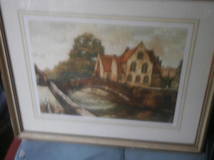 KleurLitho   Brugge, met glasbreuk, Derriere Gruuthuis, Antiek en Kunst, Kunst | Etsen en Gravures, Ophalen