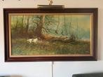Groot Schilderij met jachthond ,fazanten houtenlijst en lamp, Ophalen