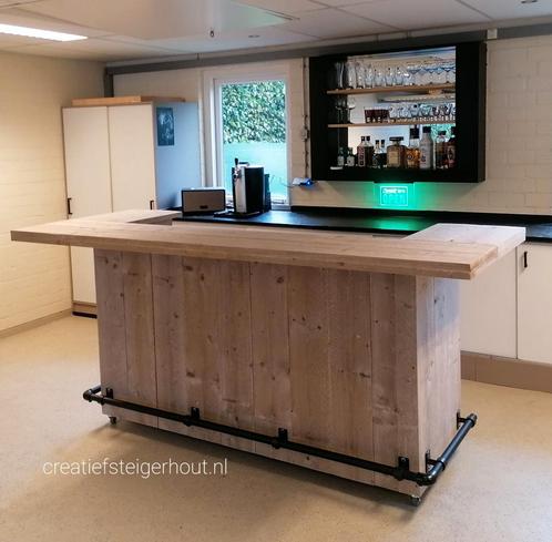 Steigerhouten bar op wielen zwarte steigerbuizen overkapping, Huis en Inrichting, Barren, Nieuw, Ophalen of Verzenden