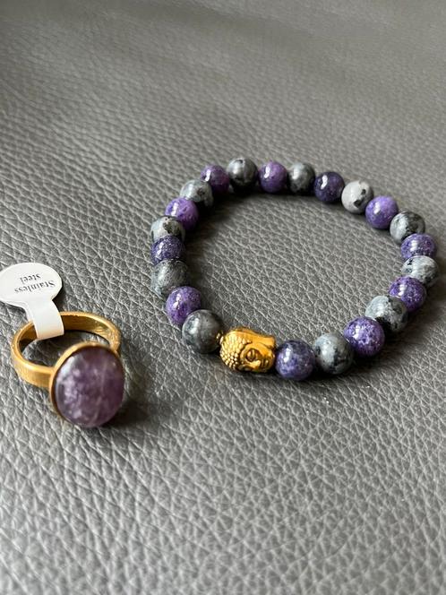 SET echt Amethist armband met bijpassende ring mt, Sieraden, Tassen en Uiterlijk, Armbanden, Nieuw, Staal, Paars, Met edelsteen