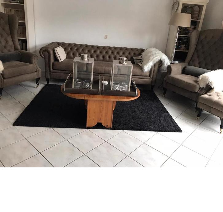 Chesterfield bank (Brighton) en fauteuils (Lord), Huis en Inrichting, Banken | Bankstellen, Gebruikt, Rechte bank, Vierpersoons of meer