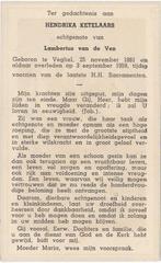 Hendrika Ketelaars 1881 Veghel + 1959 Veghel, 77 jaar, Verzamelen, Bidprentjes en Rouwkaarten, Verzenden, Bidprentje