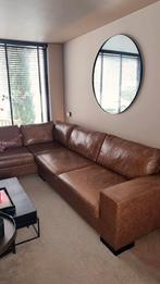 Cognac leren bank met poef, Huis en Inrichting, Banken | Bankstellen, Ophalen, Gebruikt, Hoekbank, 300 cm of meer