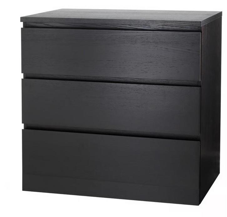 Zwarte  ladekast Malm 3 lades Ikea, Huis en Inrichting, Kasten | Dressoirs, Zo goed als nieuw, 50 tot 100 cm, 25 tot 50 cm, Met lade(s)