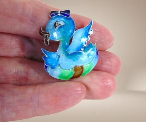 Zeldzame 1920 antiek zilveren CLOISONNÉ emaillen eend broche, Sieraden, Tassen en Uiterlijk, Broches, Zo goed als nieuw, Zilver