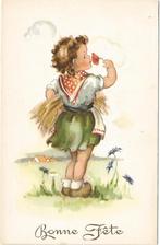 Meisje ruikt aan klaproos  -  oude kinderkaart, 1940 tot 1960, Ongelopen, Ophalen of Verzenden, Sterren en Beroemdheden