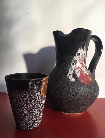 Vintage keramiek vaas kan+mok bruis structuur fatlava beschikbaar voor biedingen