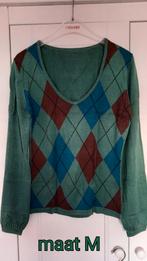 Zeegroene trui blauw bruin ruitjes v-hals maat M, Ophalen, Zo goed als nieuw, Maat 38/40 (M), Overige kleuren