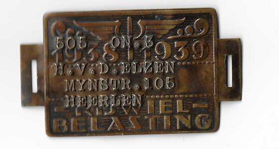 Rijwielbelastingplaatje 1938-1939 Oranje-Nassau 3, Antiek en Kunst, Antiek | Koper en Brons, Verzenden