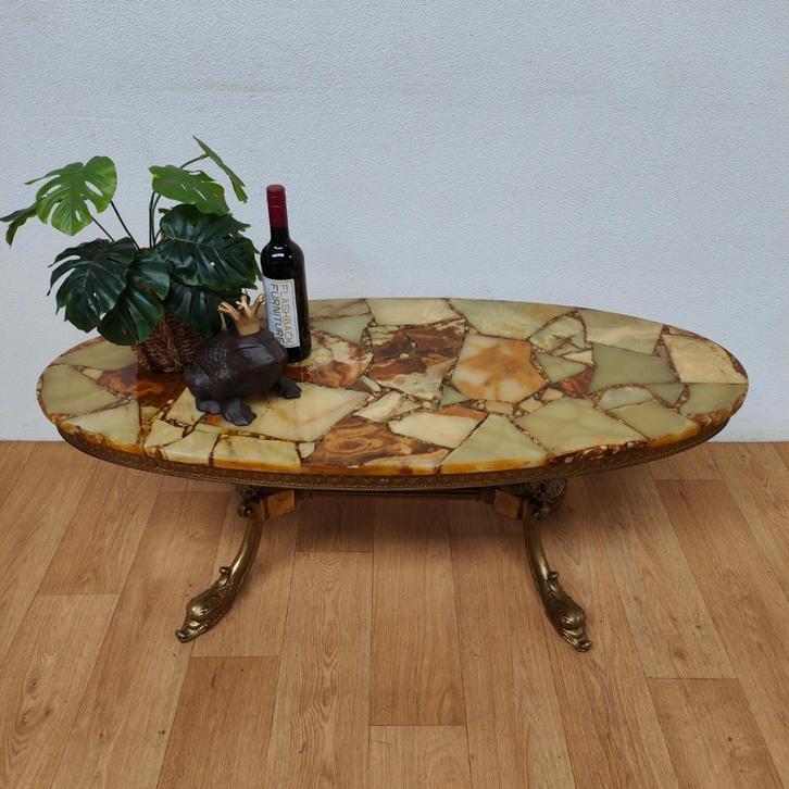 Vintage ovale messing salontafel koffietafel met marmer blad, Huis en Inrichting, Tafels | Salontafels, Gebruikt, Minder dan 50 cm
