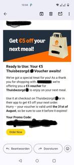 Thuisbezorgd kortingsvoucher voor maaltijd (5euro korting), Tickets en Kaartjes, Kortingen en Cadeaubonnen, Eén persoon, Kortingsbon