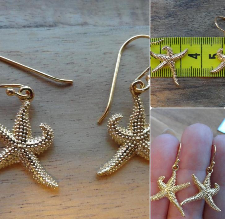 Geel gouden sterling zilveren oorbellen zeesterren zeester, Sieraden, Tassen en Uiterlijk, Oorbellen, Nieuw, Hangers, Zilver, Goud