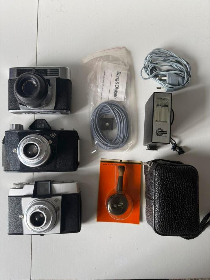 Vintage Cameraset AGFA Silette, Isolette, Click-II + Flitser, Audio, Tv en Foto, Fotocamera's Analoog, Zo goed als nieuw, Compact