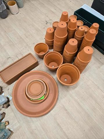 Partij terracotta bloempotten en schotels beschikbaar voor biedingen