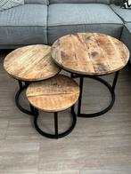 Ronde Salontafelset hout en metaal, Ophalen, 50 tot 100 cm, Rond, Zo goed als nieuw