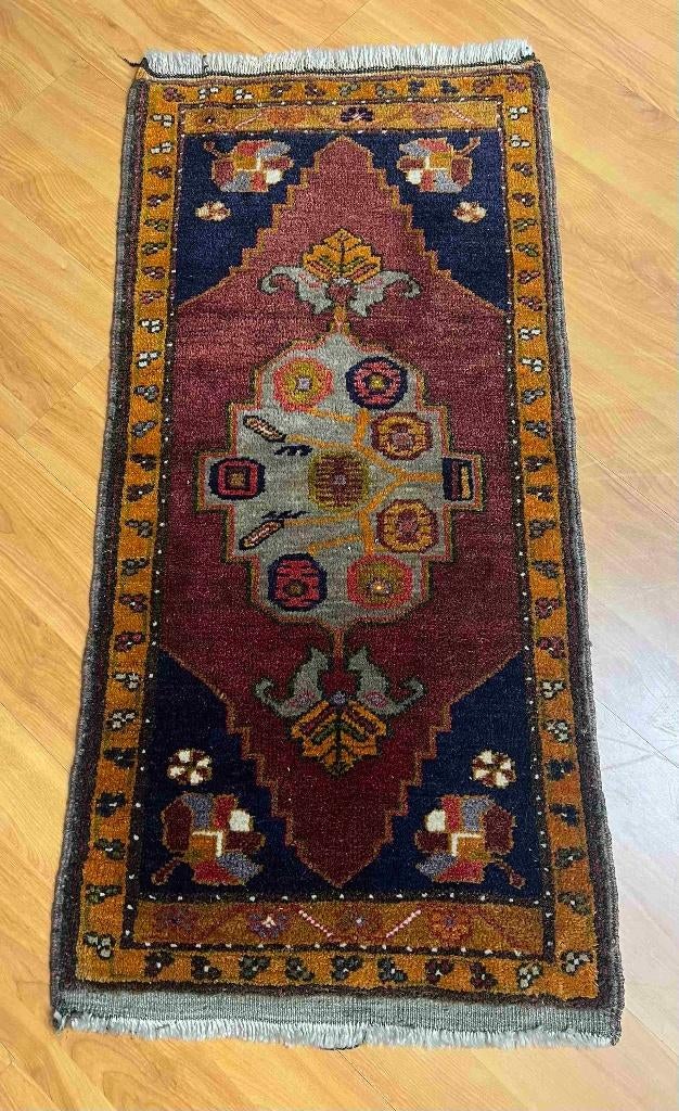 Vintage Anatolisch Turks tapijt 100/48, Minder dan 50 cm, Gebruikt, 100 tot 150 cm, Blauw