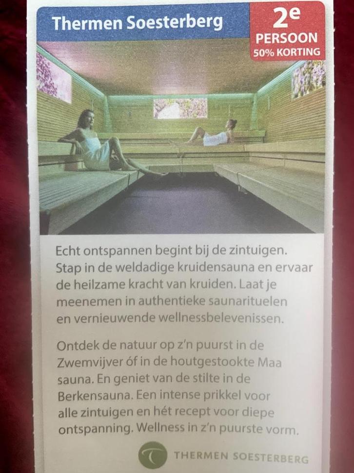 Sauna Thermen Soesterberg Voordeelbon, Tickets en Kaartjes, Kortingen en Cadeaubonnen, Drie personen of meer, Spa of Sauna, Kortingsbon