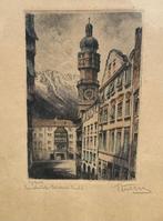 Innsbruck, Goldenes Dachl, ets, 1955., Antiek en Kunst, Kunst | Etsen en Gravures, Ophalen of Verzenden